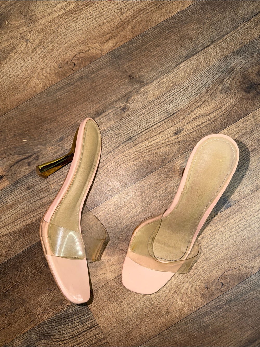 Fashion Nova Pink Clear Strap Heeled Mules with Gold Heel